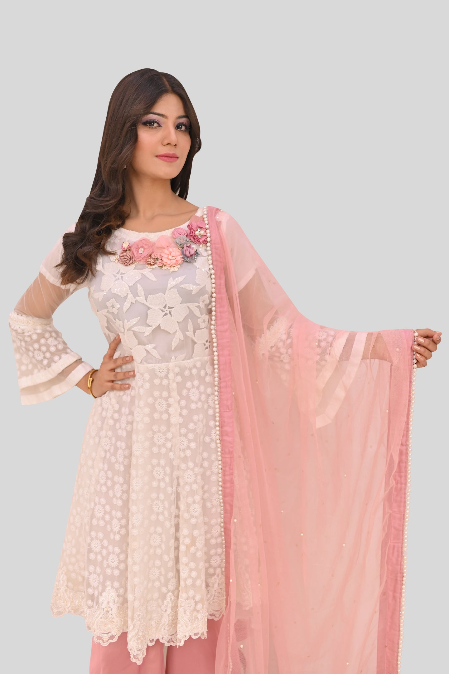 formal 3 piece short frock dupatta & plazo