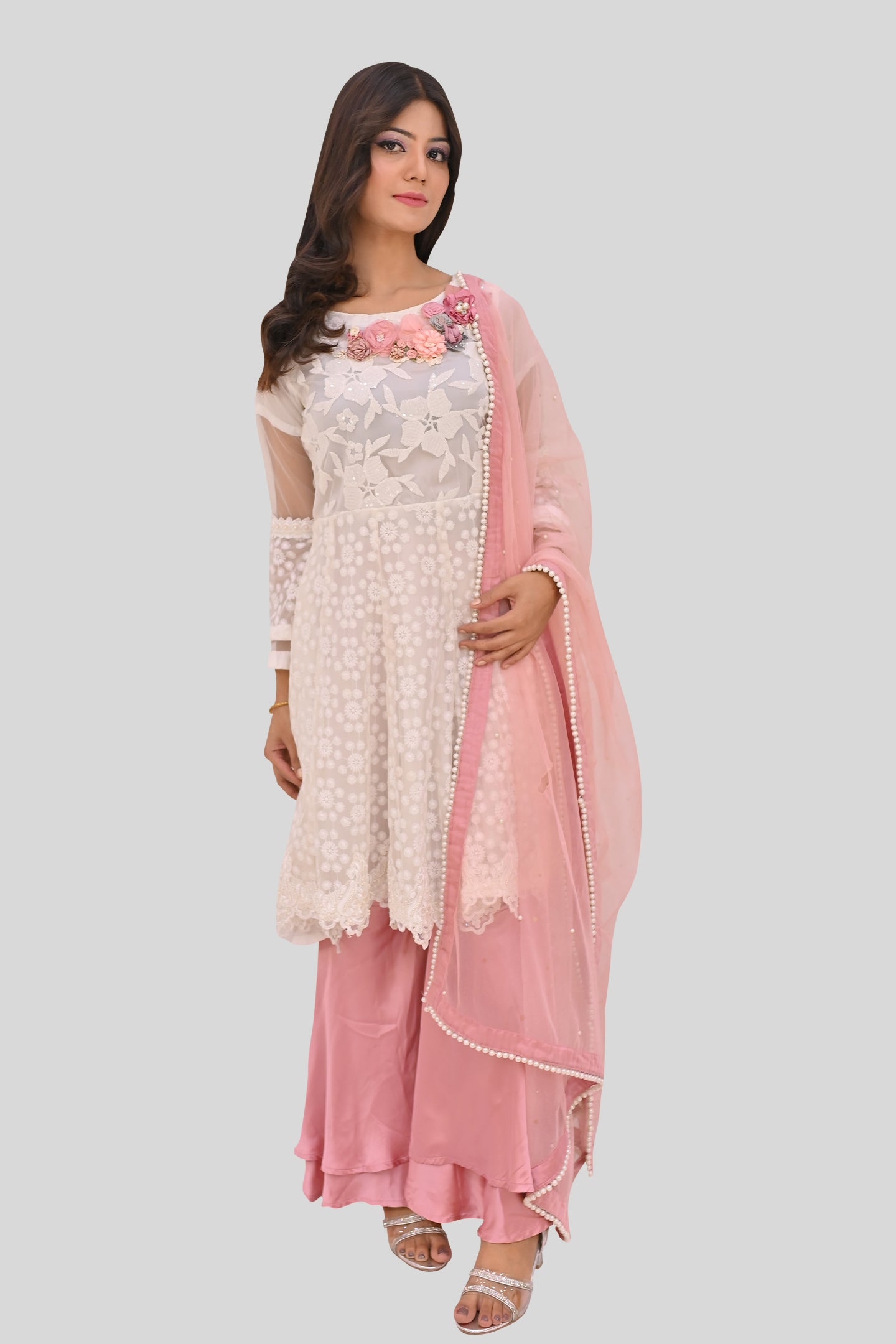 formal 3 piece short frock dupatta & plazo