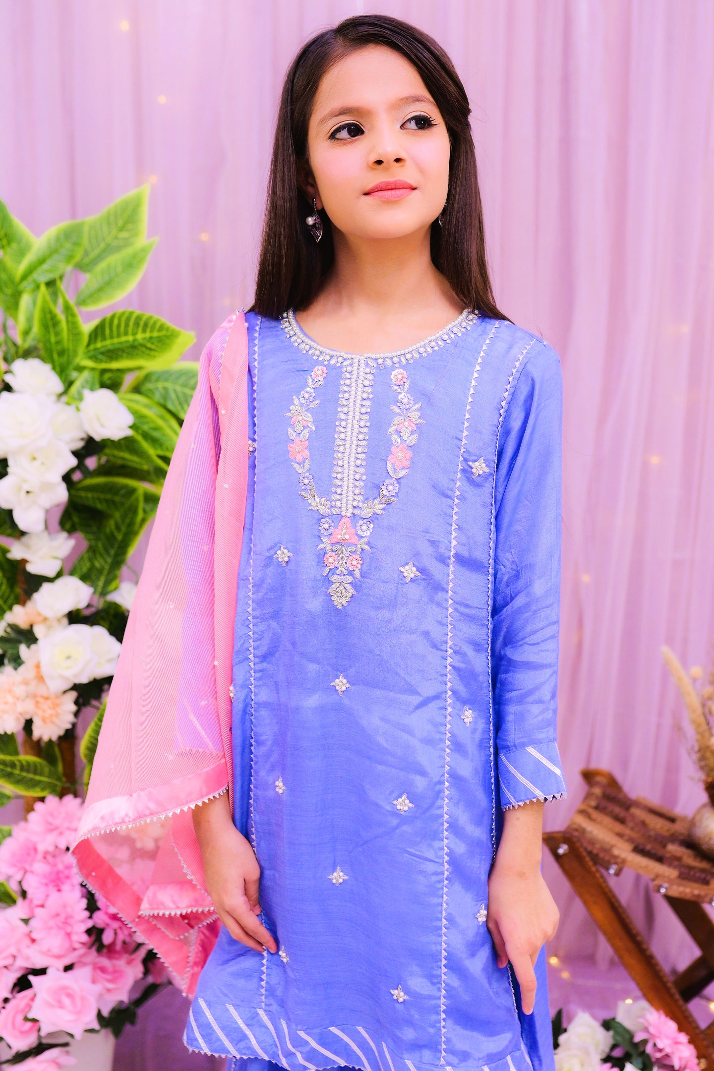 formal 3 piece panel frock, dupatta & palazzo