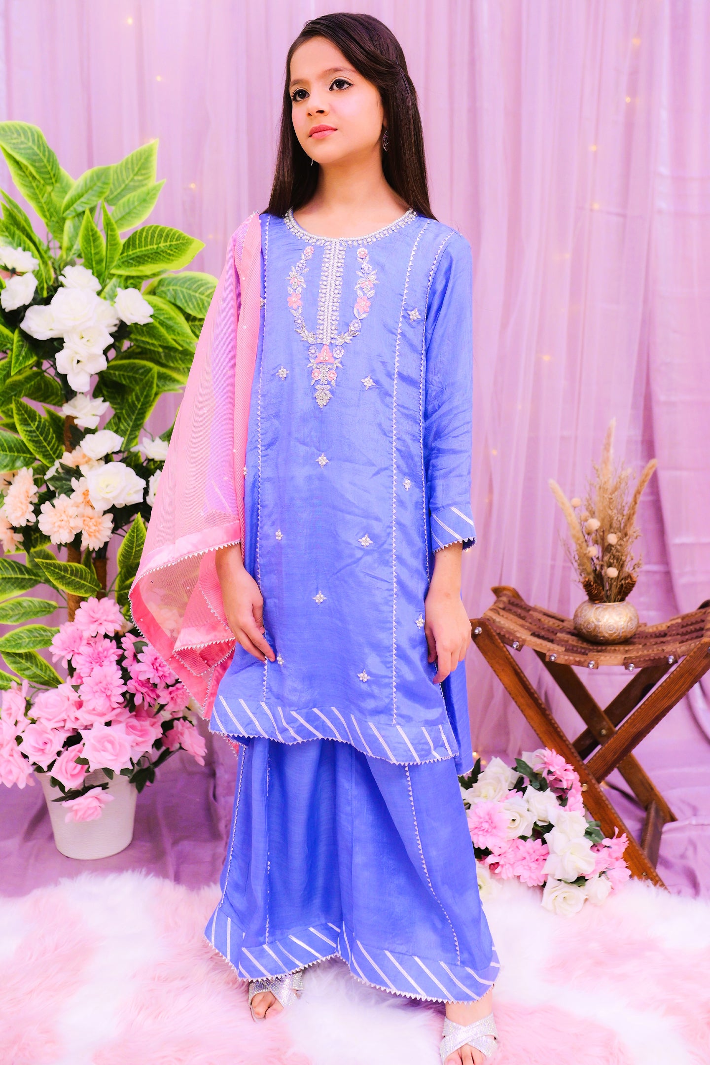 formal 3 piece panel frock, dupatta & palazzo