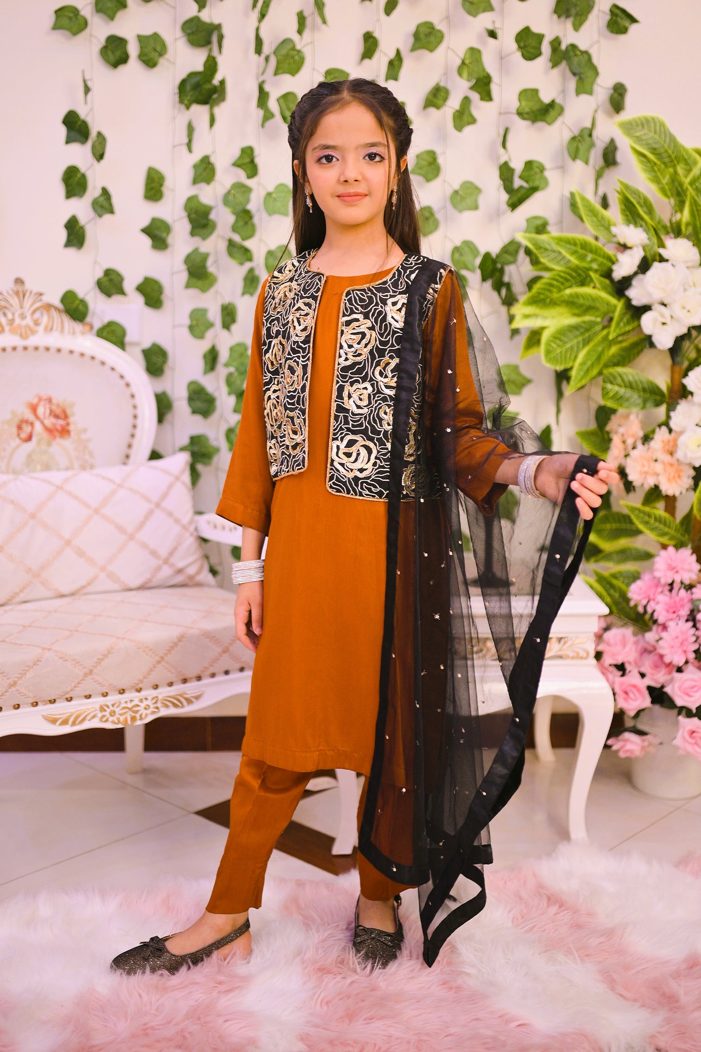 Semi Formal 3 Piece shirt dupatta and trouser with waist-cut
