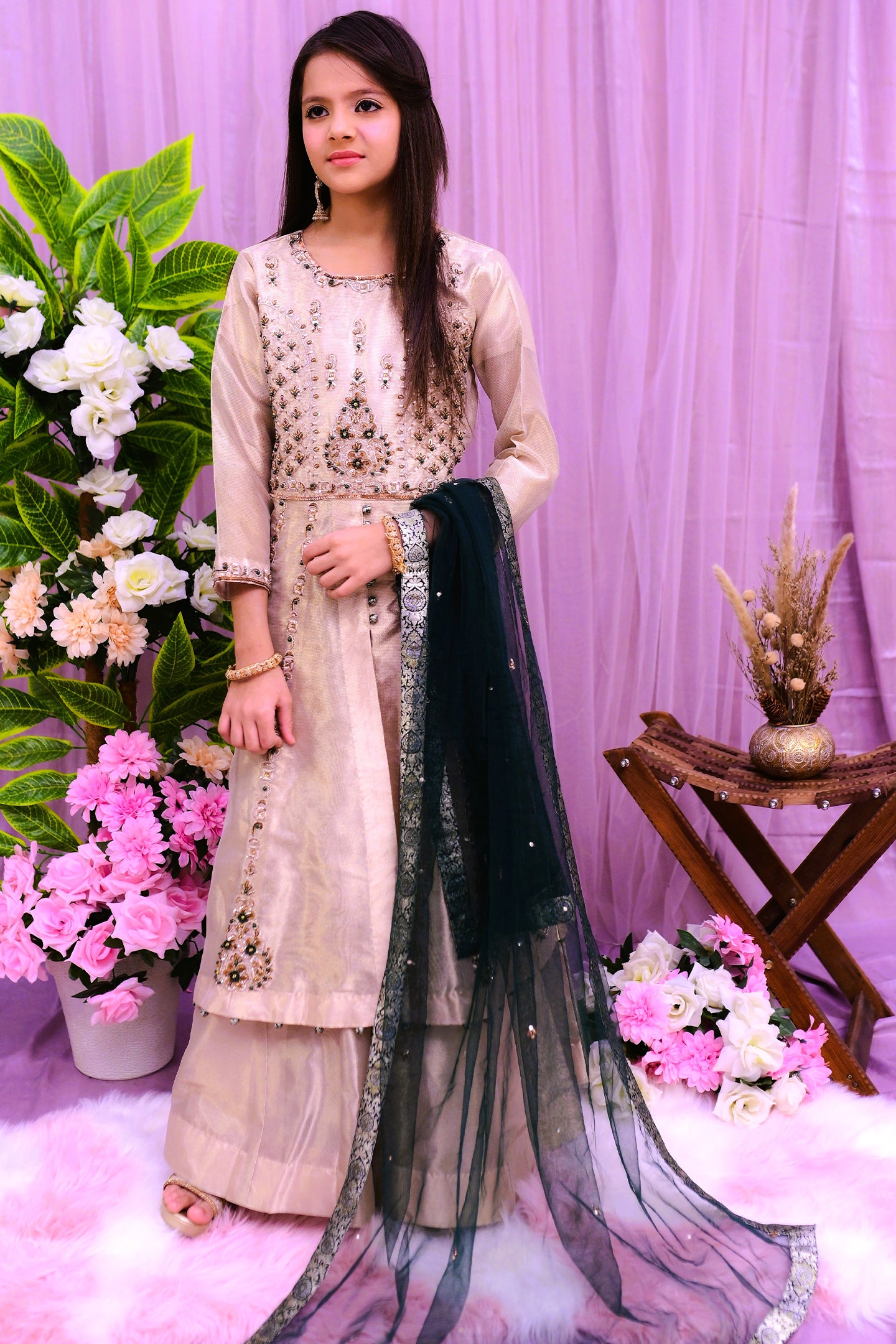 formal 3 piece long frock with lehnga & dupatta