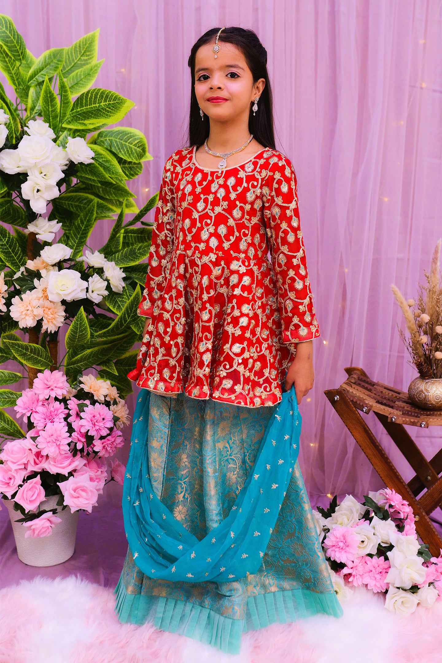 formal short cutline frock , lehnga & dupatta