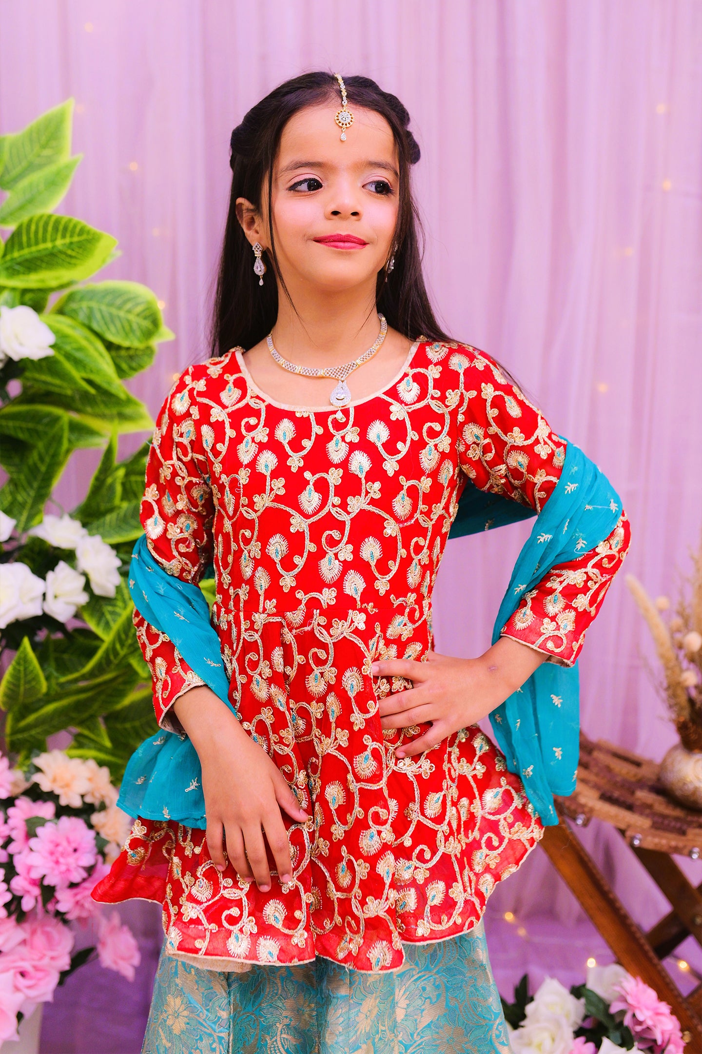 formal short cutline frock , lehnga & dupatta