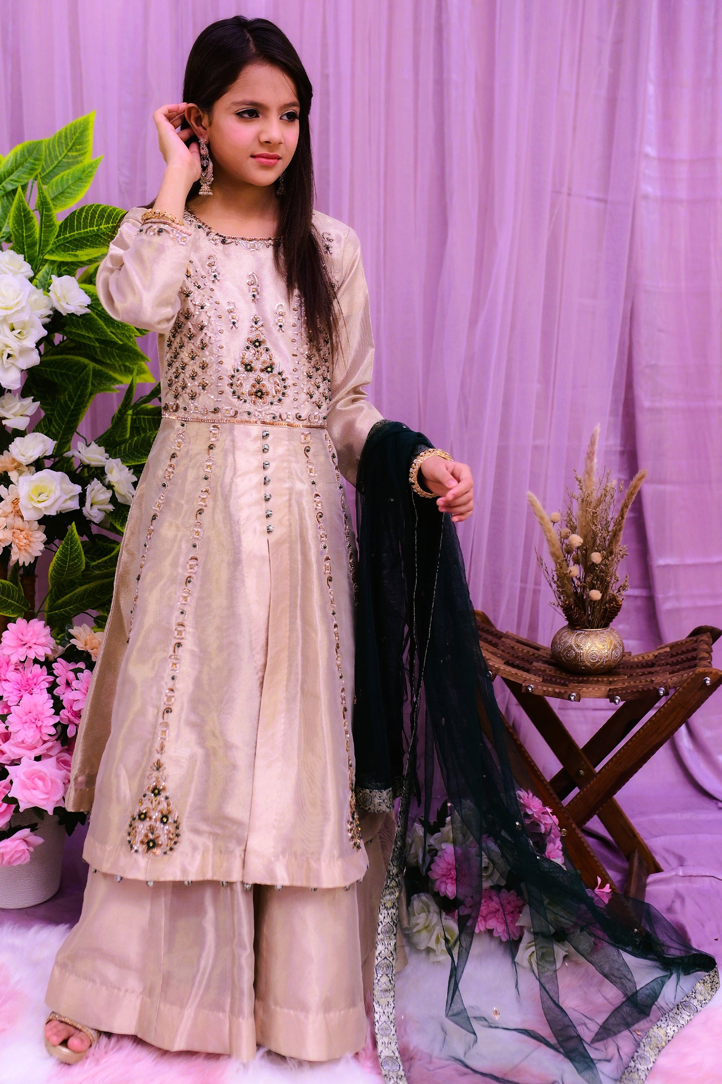 formal 3 piece long frock with lehnga & dupatta