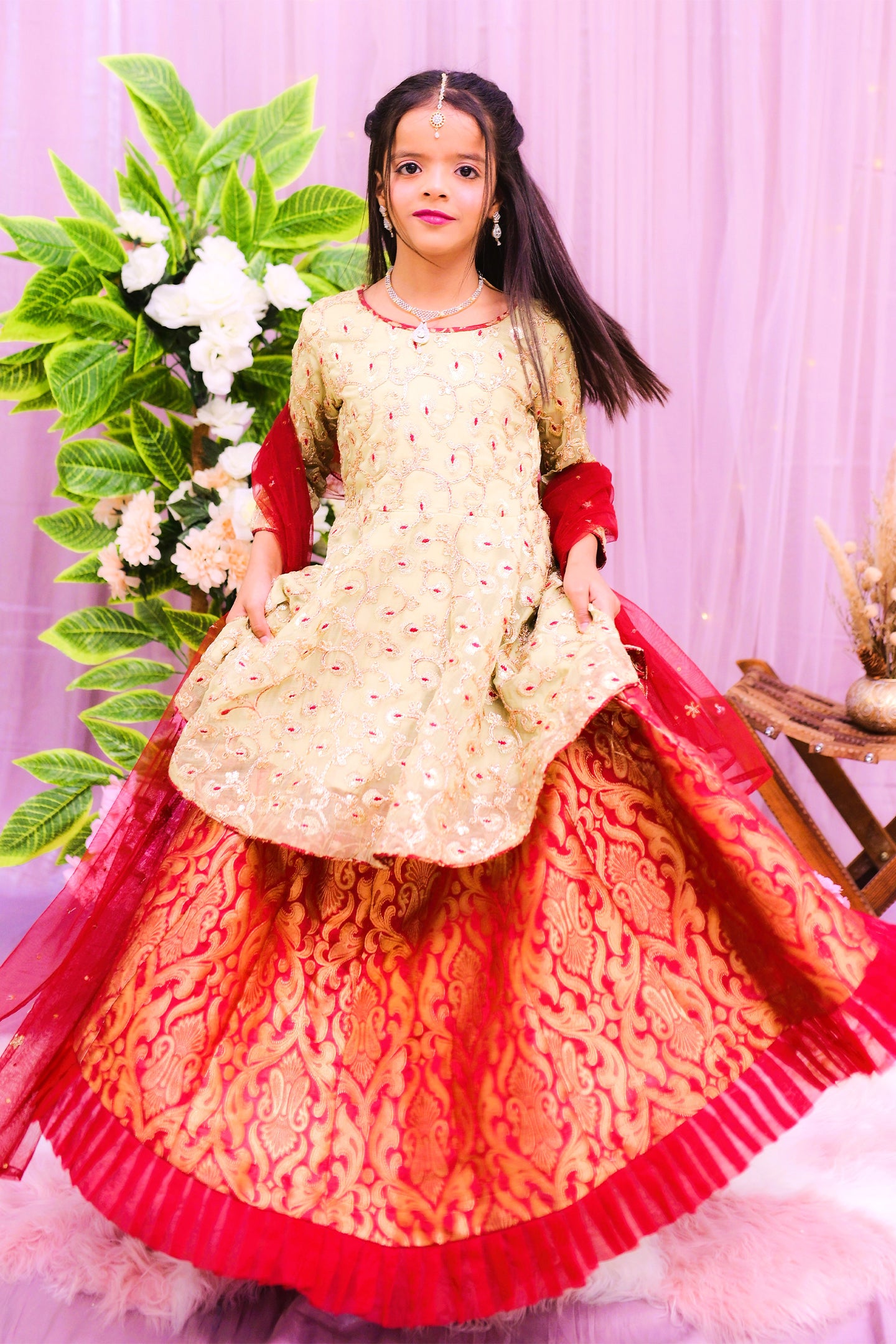 formal short cutline frock , lehnga & dupatta