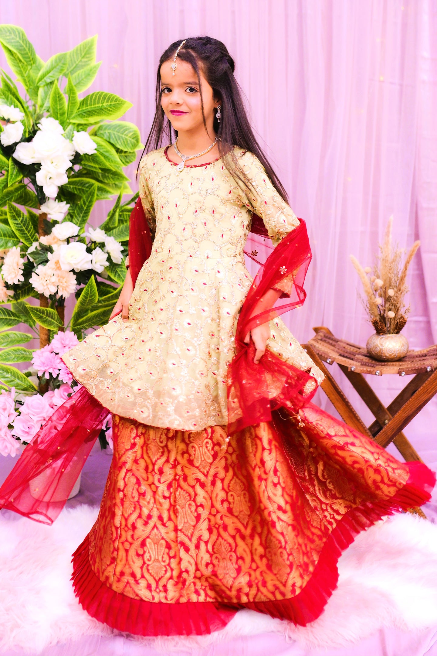 formal short cutline frock , lehnga & dupatta