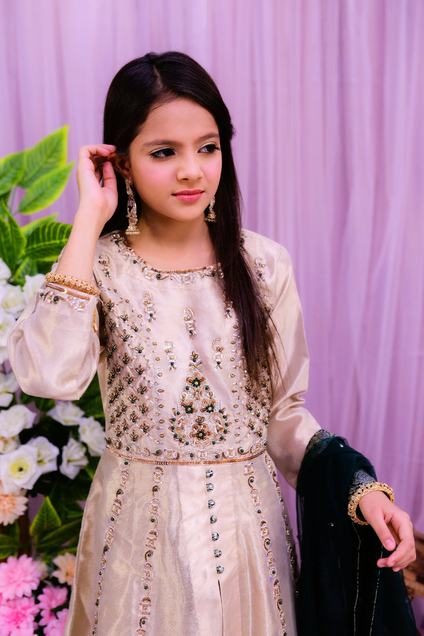 formal 3 piece long frock with lehnga & dupatta