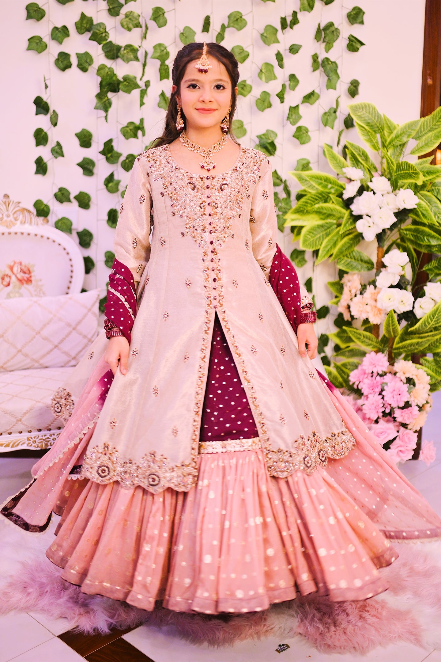 formal long front open shirt with farshi lehnga