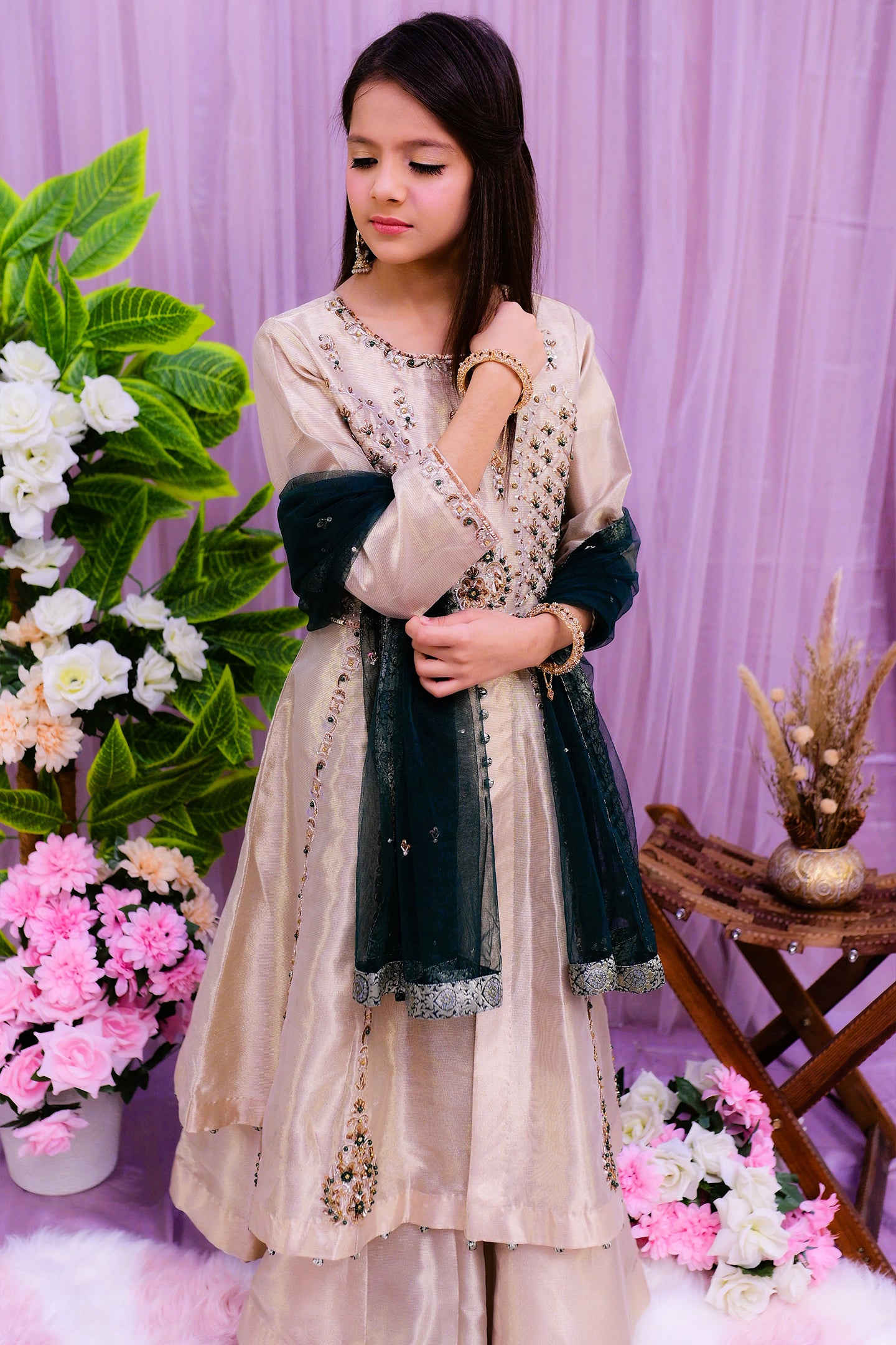 formal 3 piece long frock with lehnga & dupatta