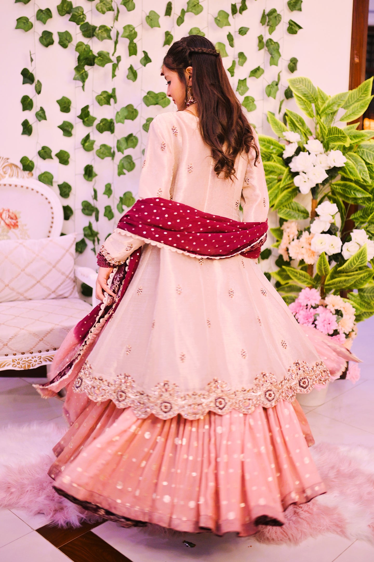formal long front open shirt with farshi lehnga