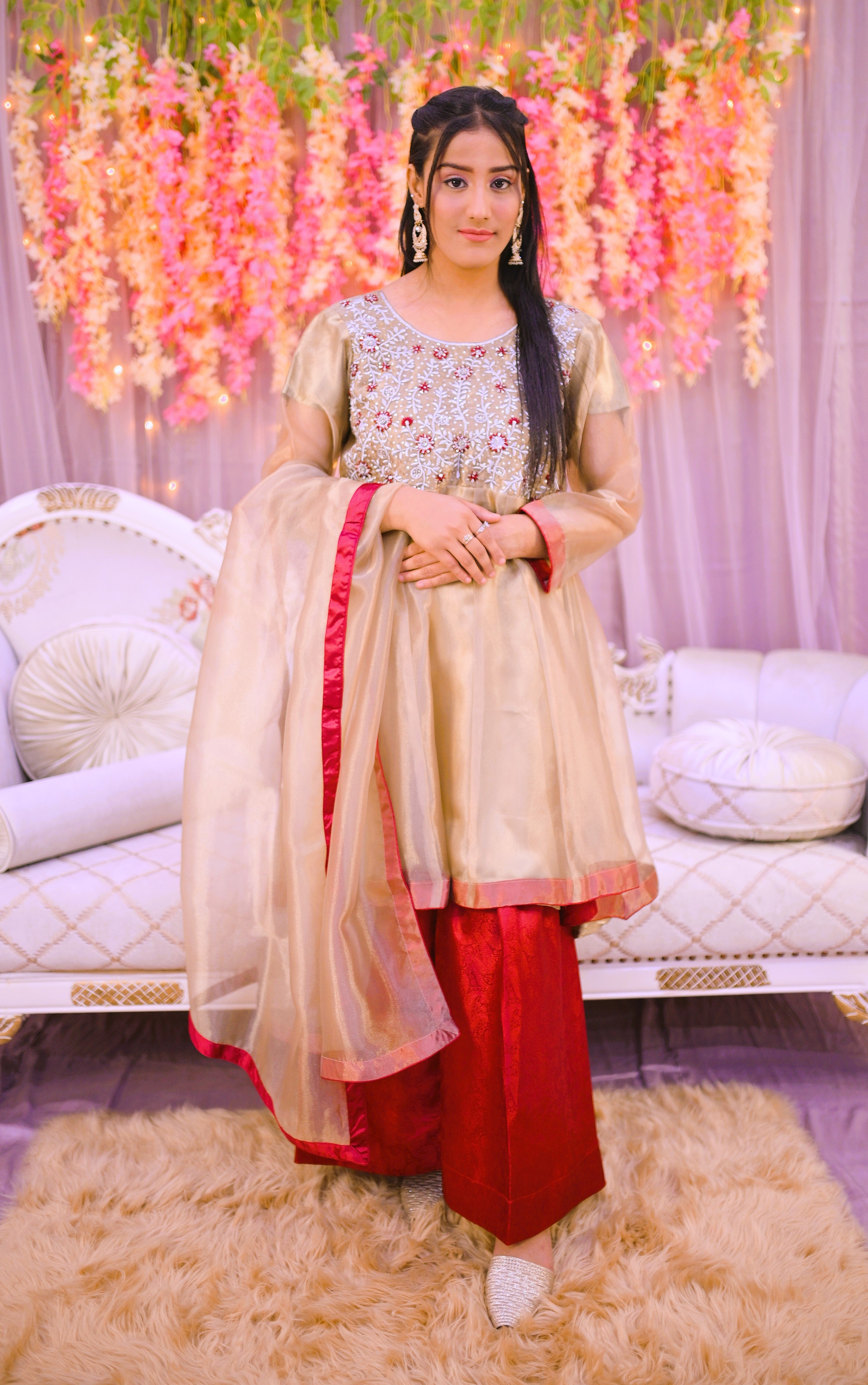 formal 3 piece short frock dupatta & plazo