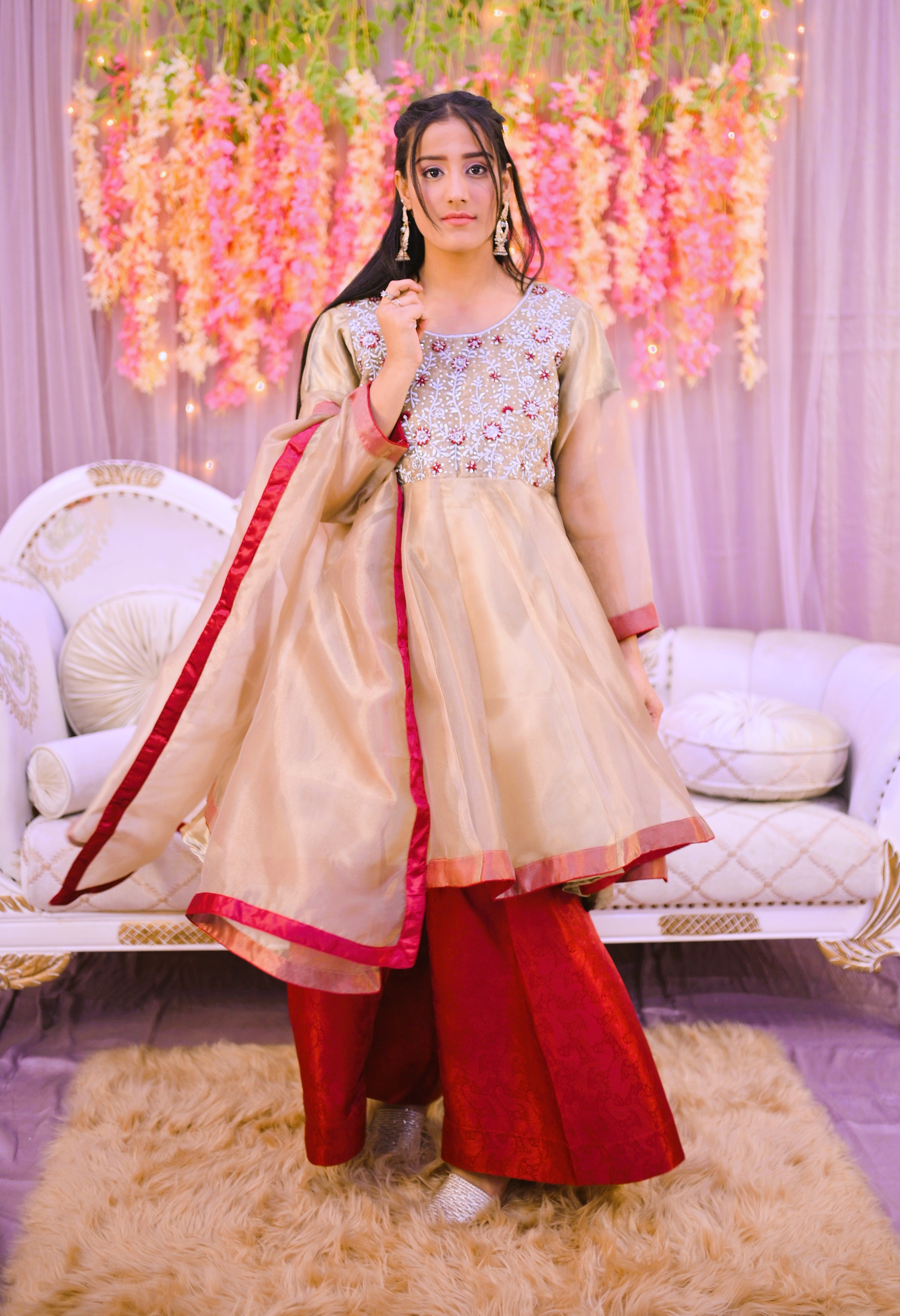 formal 3 piece short frock dupatta & plazo