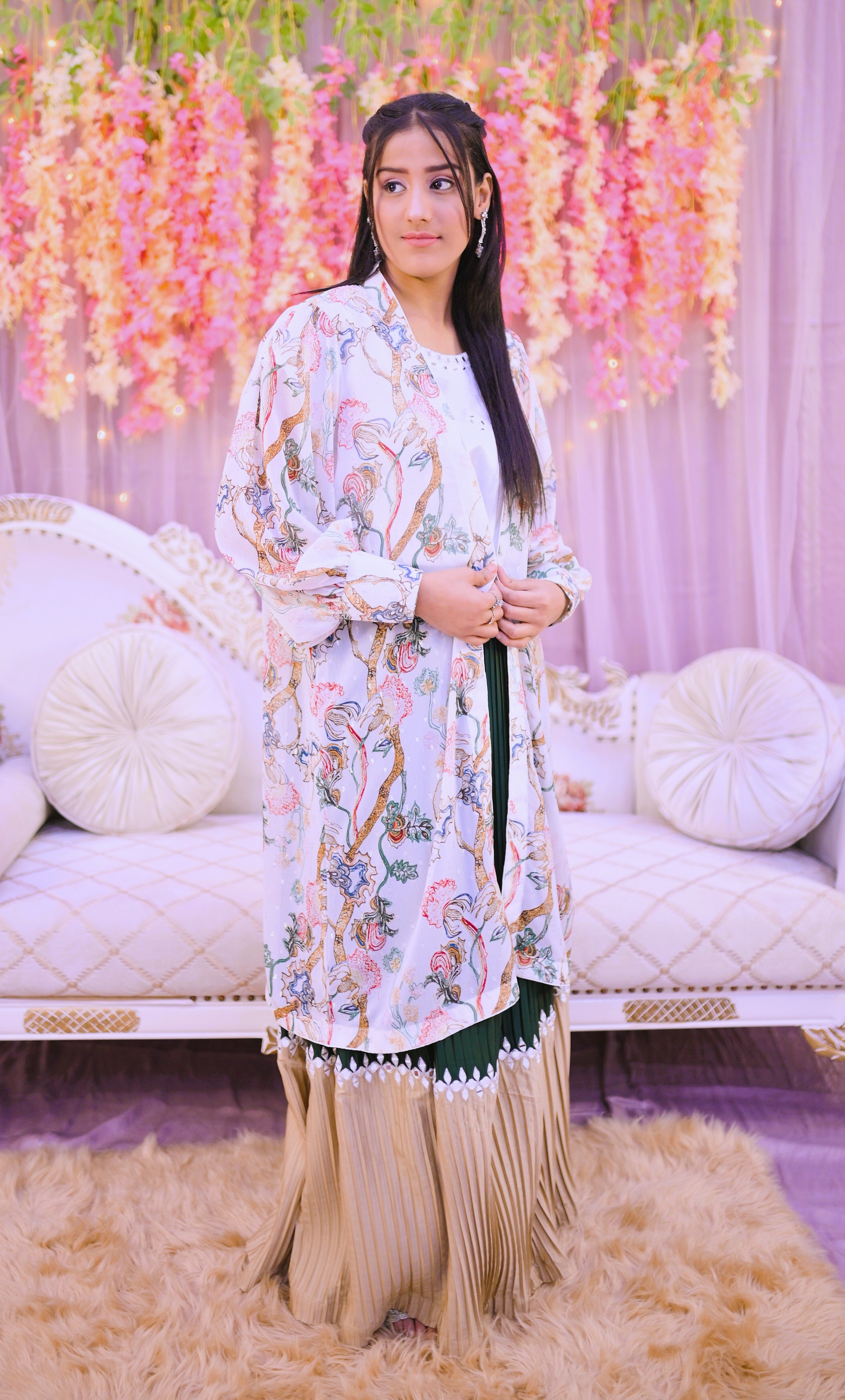 semiformal 2 piece shirt , skirt along with long coat