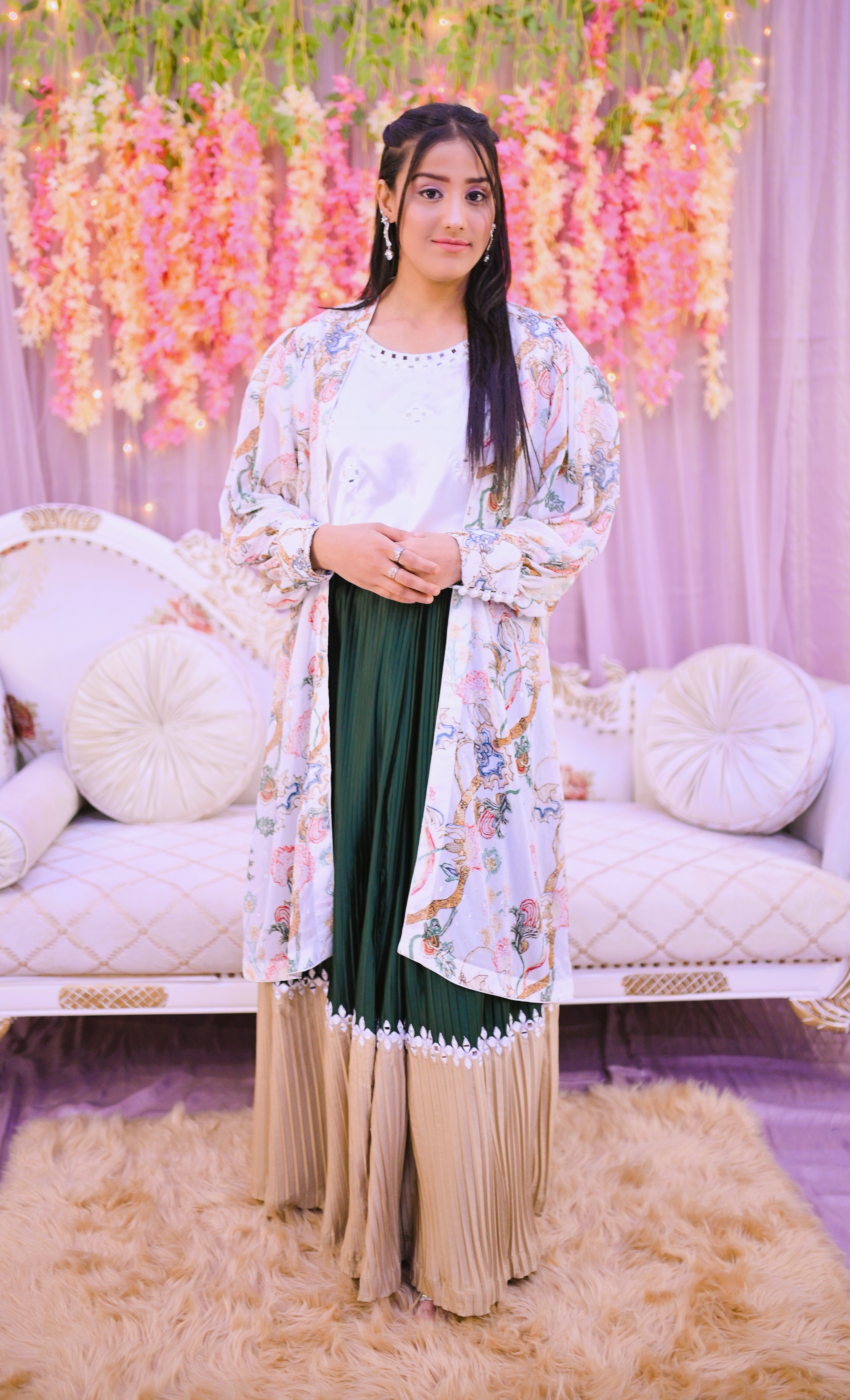 semiformal 2 piece shirt , skirt along with long coat