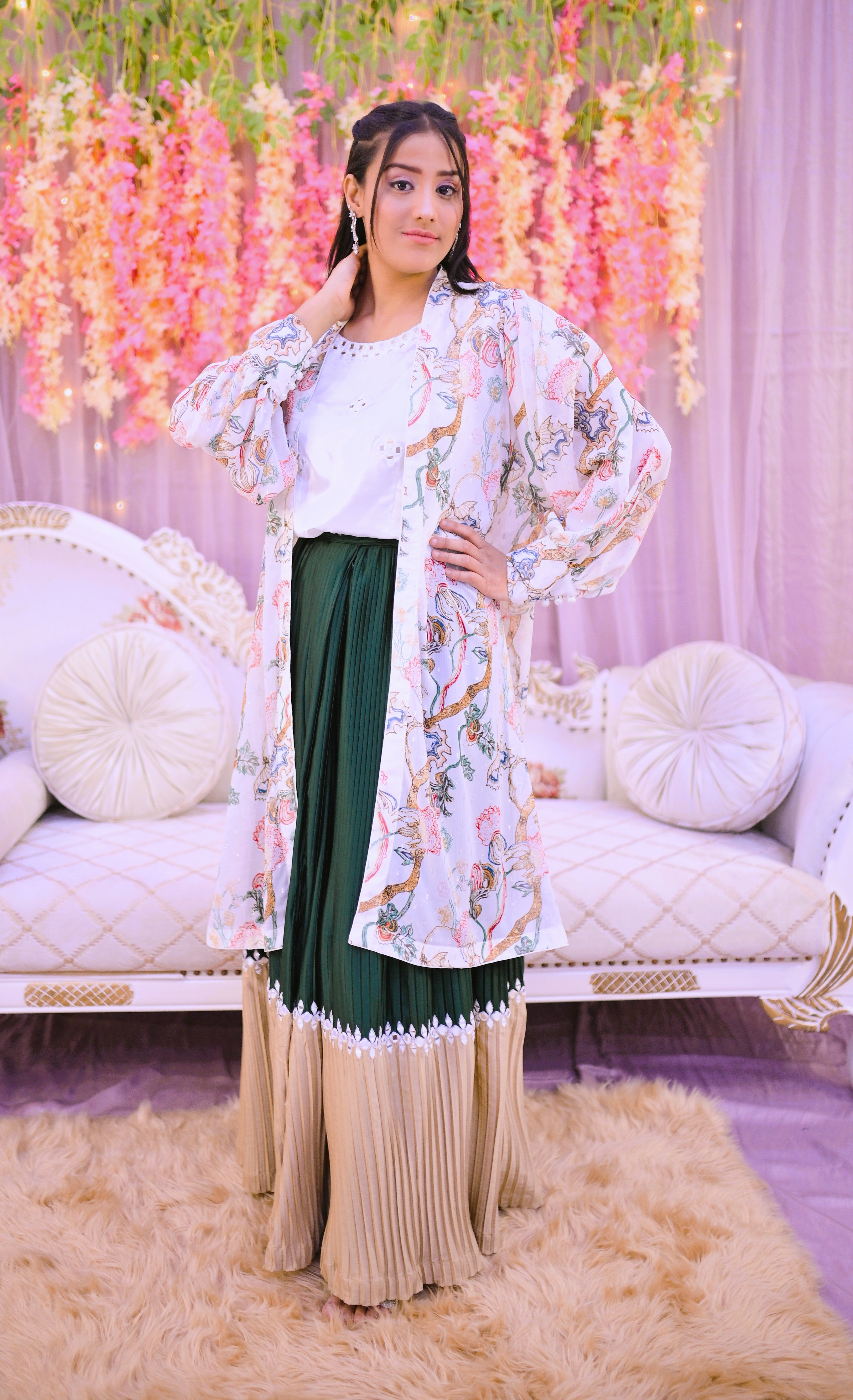 semiformal 2 piece shirt , skirt along with long coat