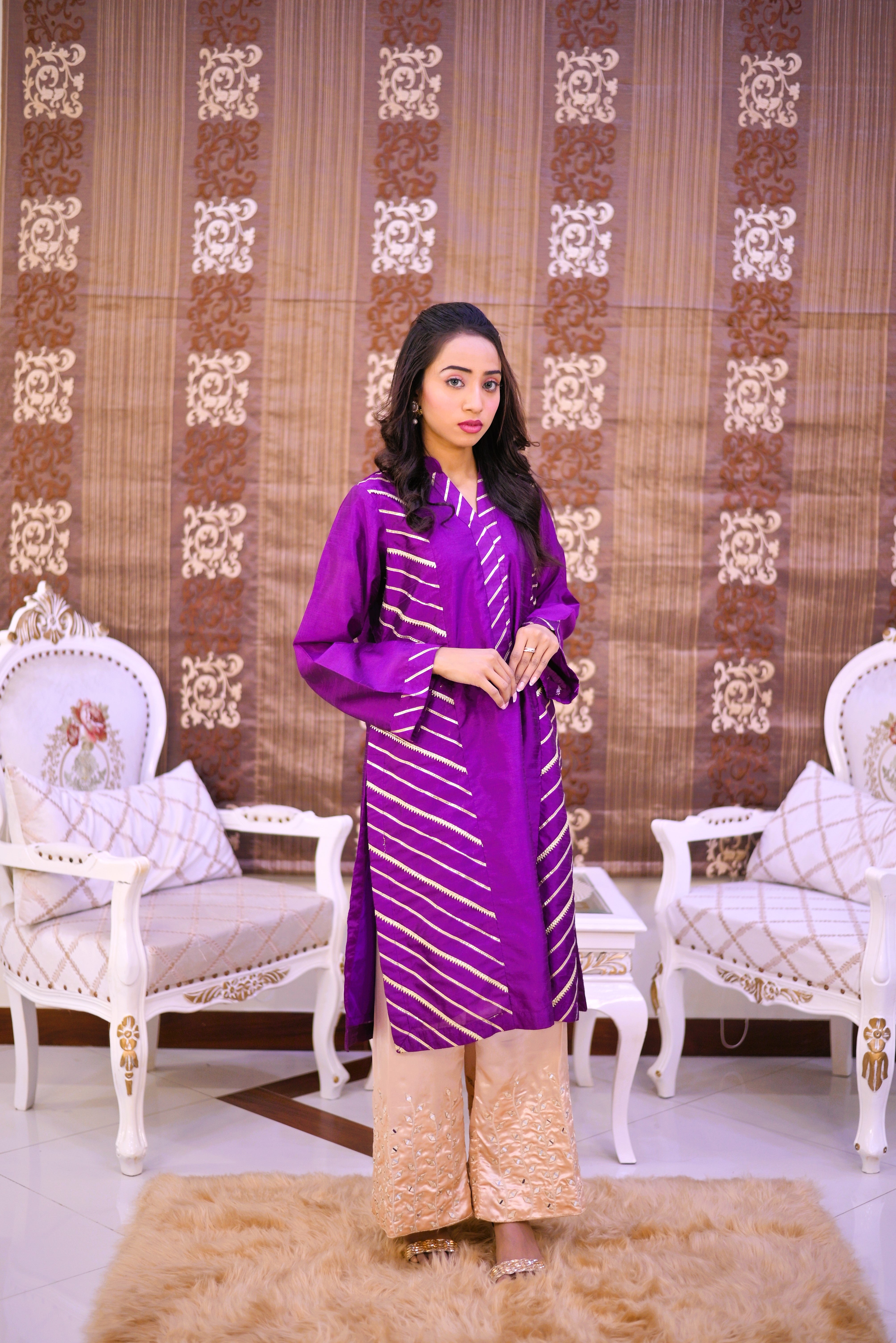 pannel shirt designed  with gota  patti work on front  and arranged with full sleeves with gota patti design